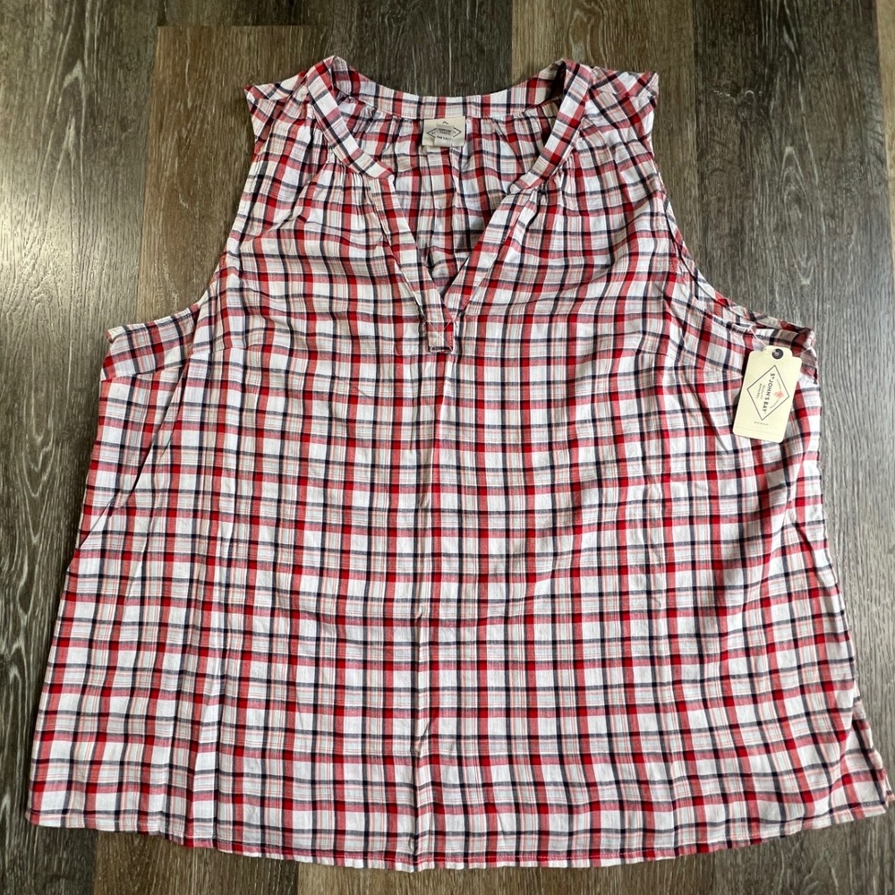 St. John's Bay Plaid Blouse Womens 2X Red Sleeveless Cotton Rayon Split Neck